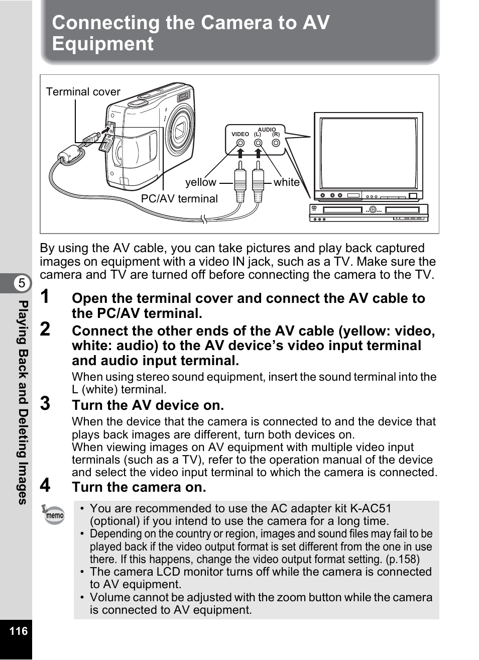 Connecting the camera to av equipment | Pentax Optio M20 User Manual | Page 118 / 192