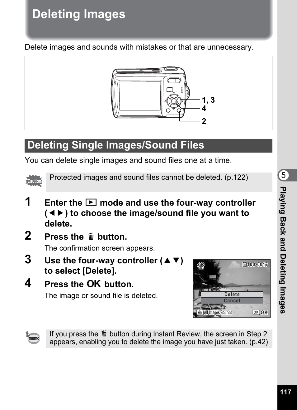 Deleting images, Deleting single images/sound files, P.117) | Pentax Optio M20 User Manual | Page 119 / 192