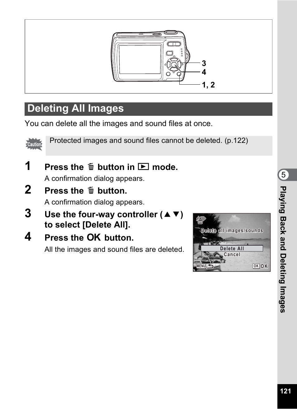 Deleting all images | Pentax Optio M20 User Manual | Page 123 / 192