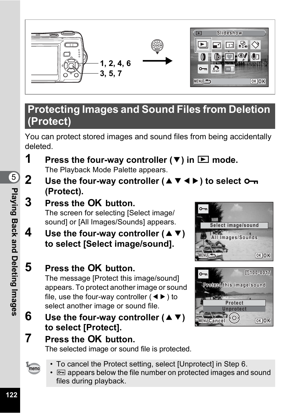 P.122, Press the four-way controller ( 3 ) in q mode, Press the 4 button | Pentax Optio M20 User Manual | Page 124 / 192