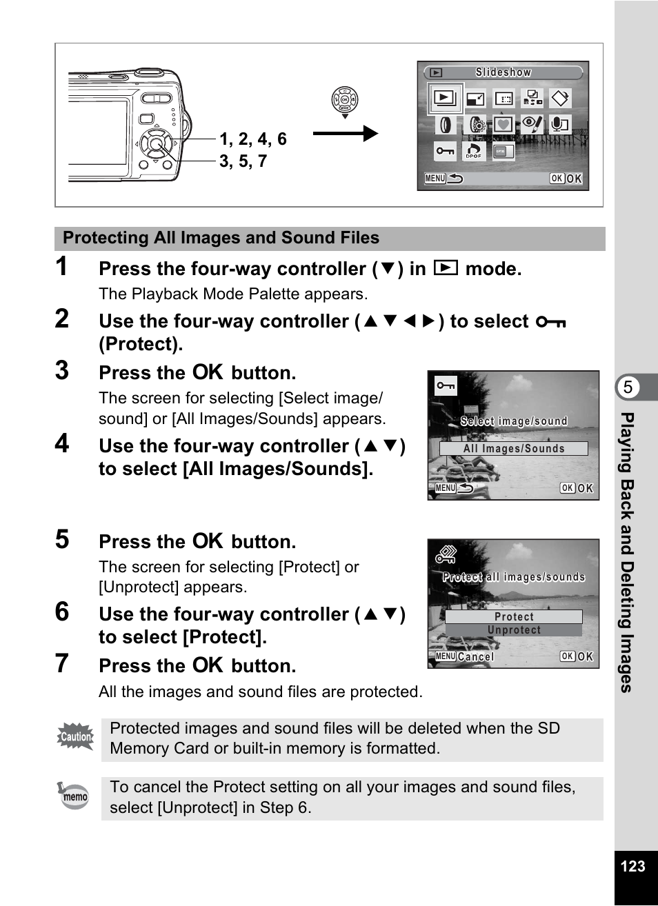 Press the four-way controller ( 3 ) in q mode, Press the 4 button | Pentax Optio M20 User Manual | Page 125 / 192