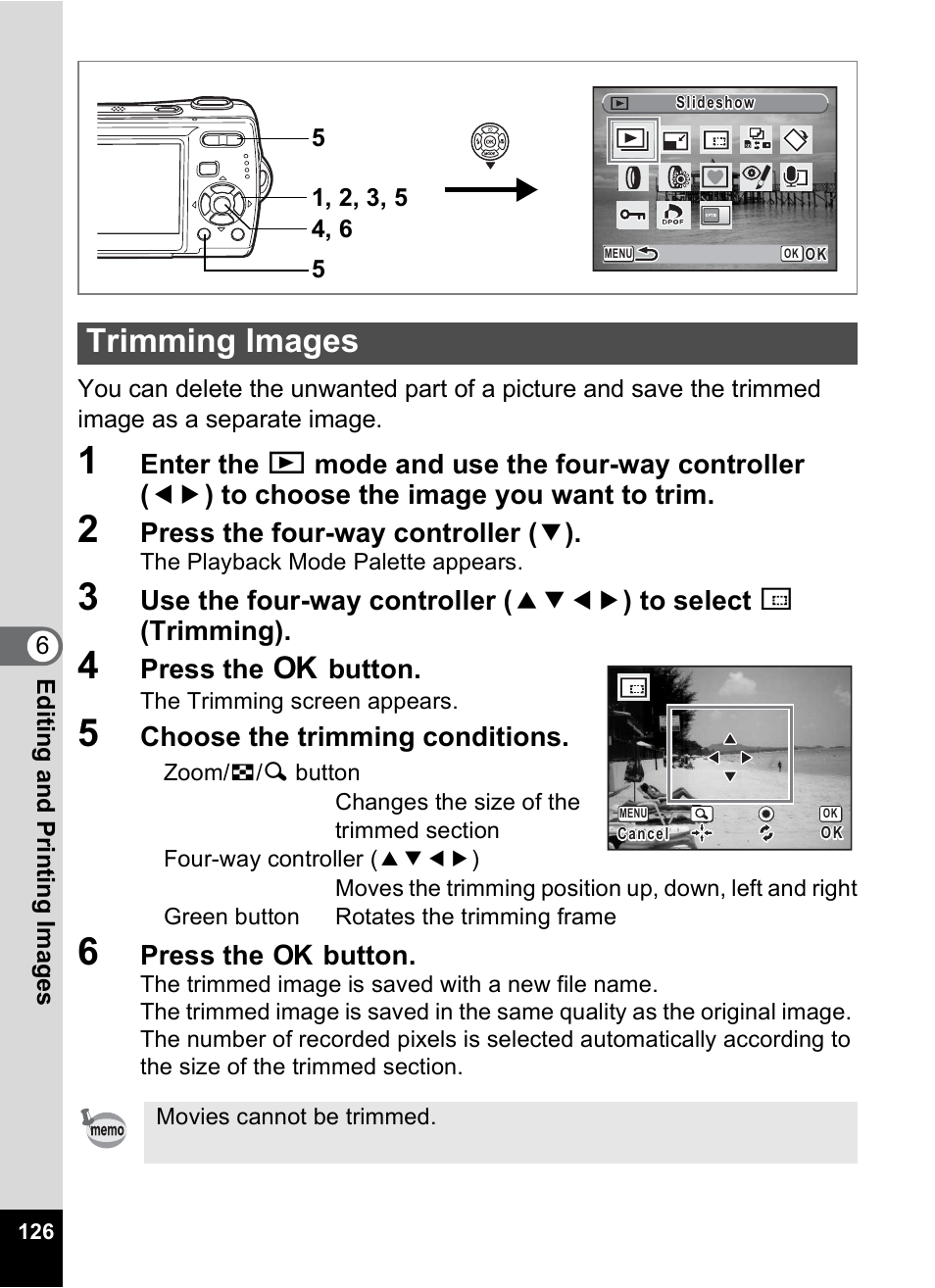 Trimming images, P.126 | Pentax Optio M20 User Manual | Page 128 / 192