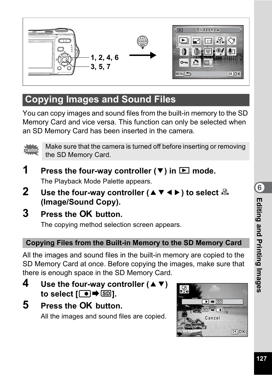 Copying images and sound files, P.127, Press the four-way controller ( 3 ) in q mode | Press the 4 button, Use the four-way controller ( 23 ) to select [ f | Pentax Optio M20 User Manual | Page 129 / 192