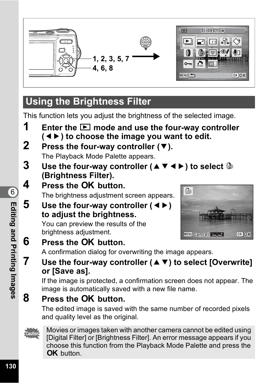 Using the brightness filter, P.130 | Pentax Optio M20 User Manual | Page 132 / 192