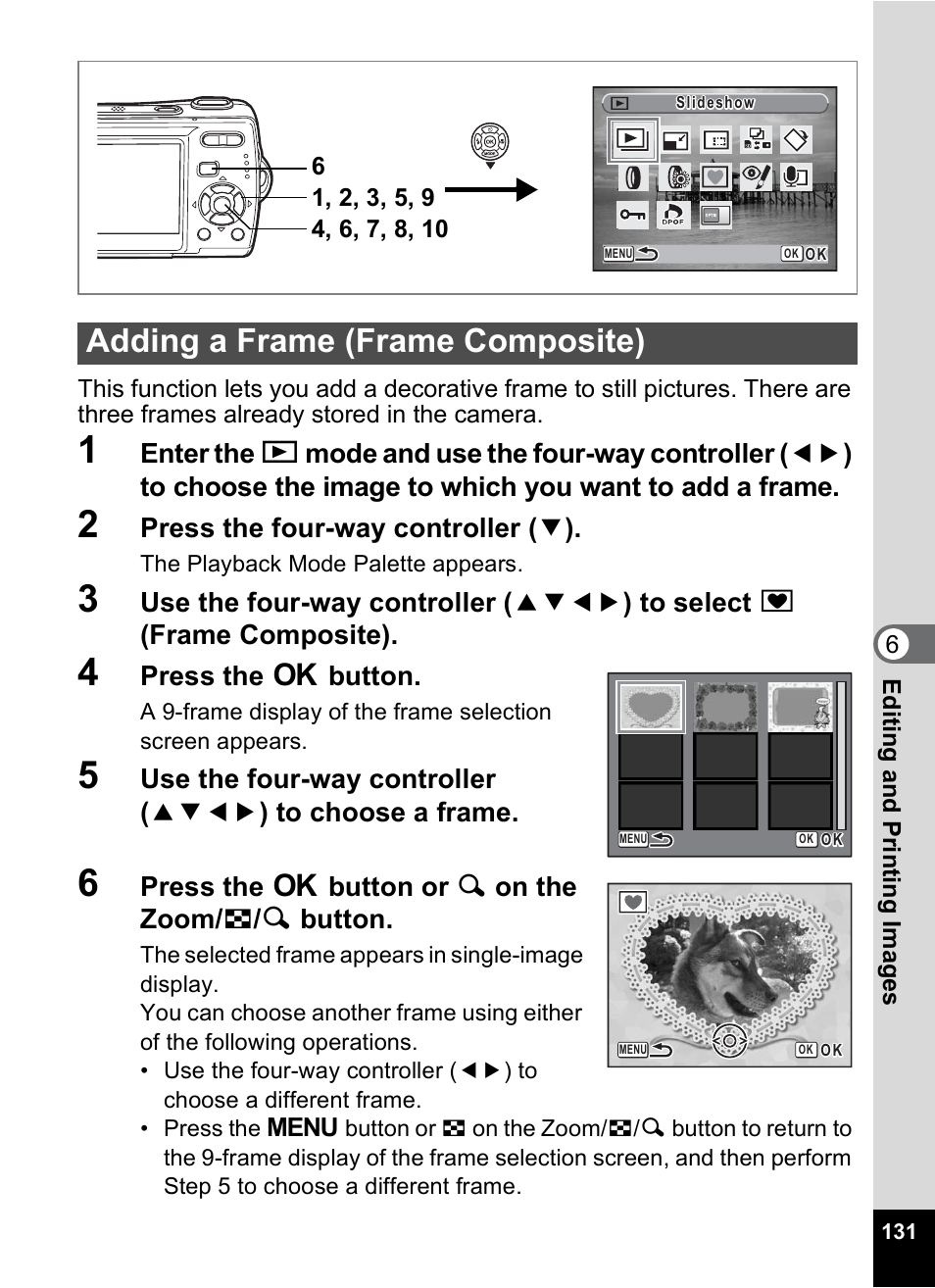 Adding a frame (frame composite), P.131), P.131 | Press the four-way controller ( 3 ), Press the 4 button, Press the 4 button or y on the zoom/ f / y button | Pentax Optio M20 User Manual | Page 133 / 192