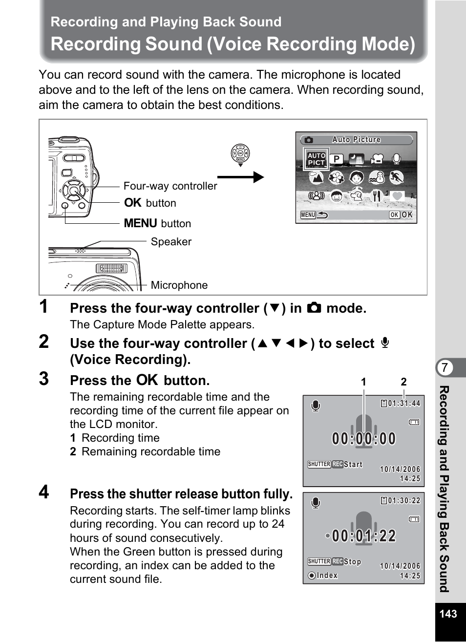 Recording and playing back sound, Recording sound (voice recording mode), P.143 | P.143), Press the four-way controller ( 3 ) in a mode, Press the 4 button, Press the shutter release button fully | Pentax Optio M20 User Manual | Page 145 / 192