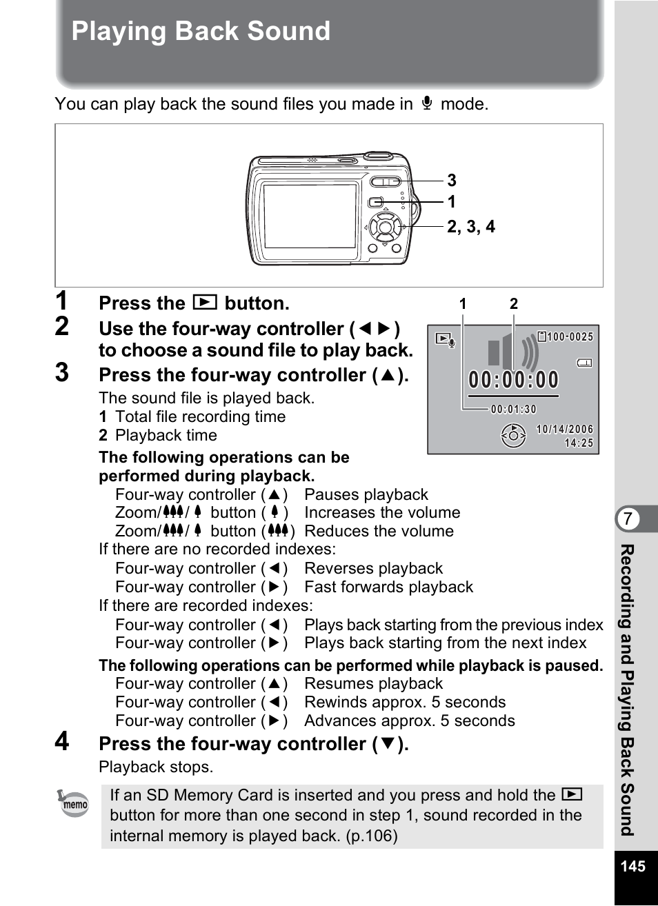 Playing back sound, P.145, P.145) | Pentax Optio M20 User Manual | Page 147 / 192