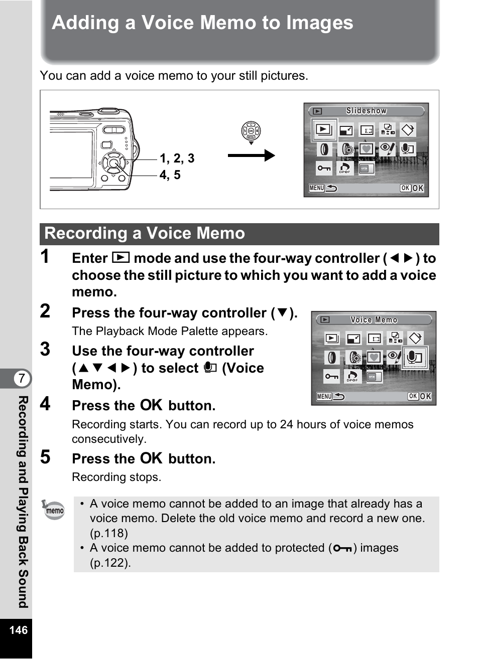 Adding a voice memo to images, Recording a voice memo, P.146 | Press the four-way controller ( 3 ), Press the 4 button | Pentax Optio M20 User Manual | Page 148 / 192