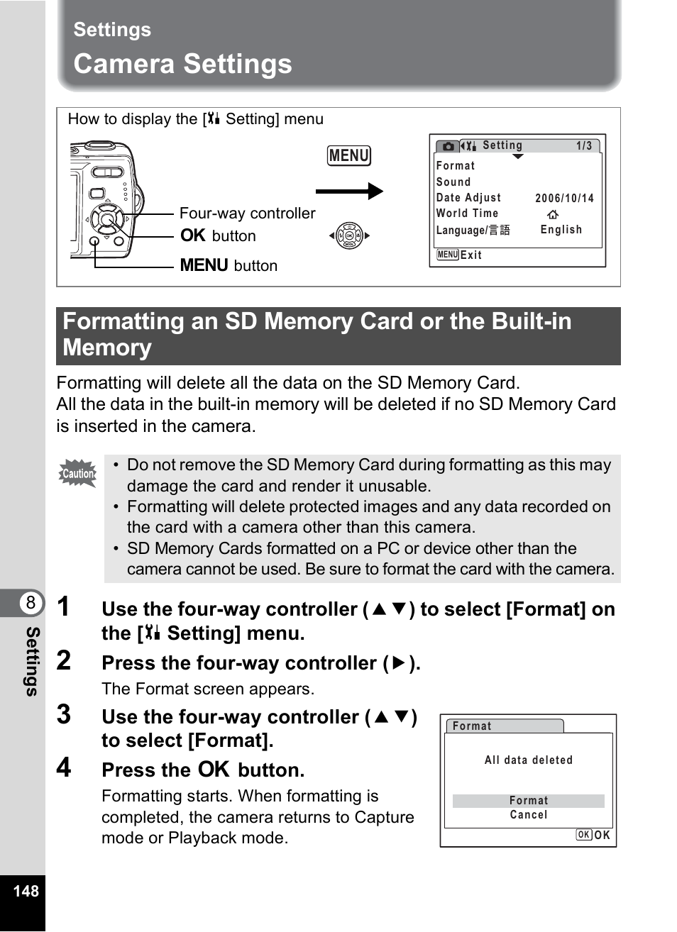 Settings, Camera settings, P.148 | Press the four-way controller ( 5 ), Press the 4 button, 8settin g s | Pentax Optio M20 User Manual | Page 150 / 192