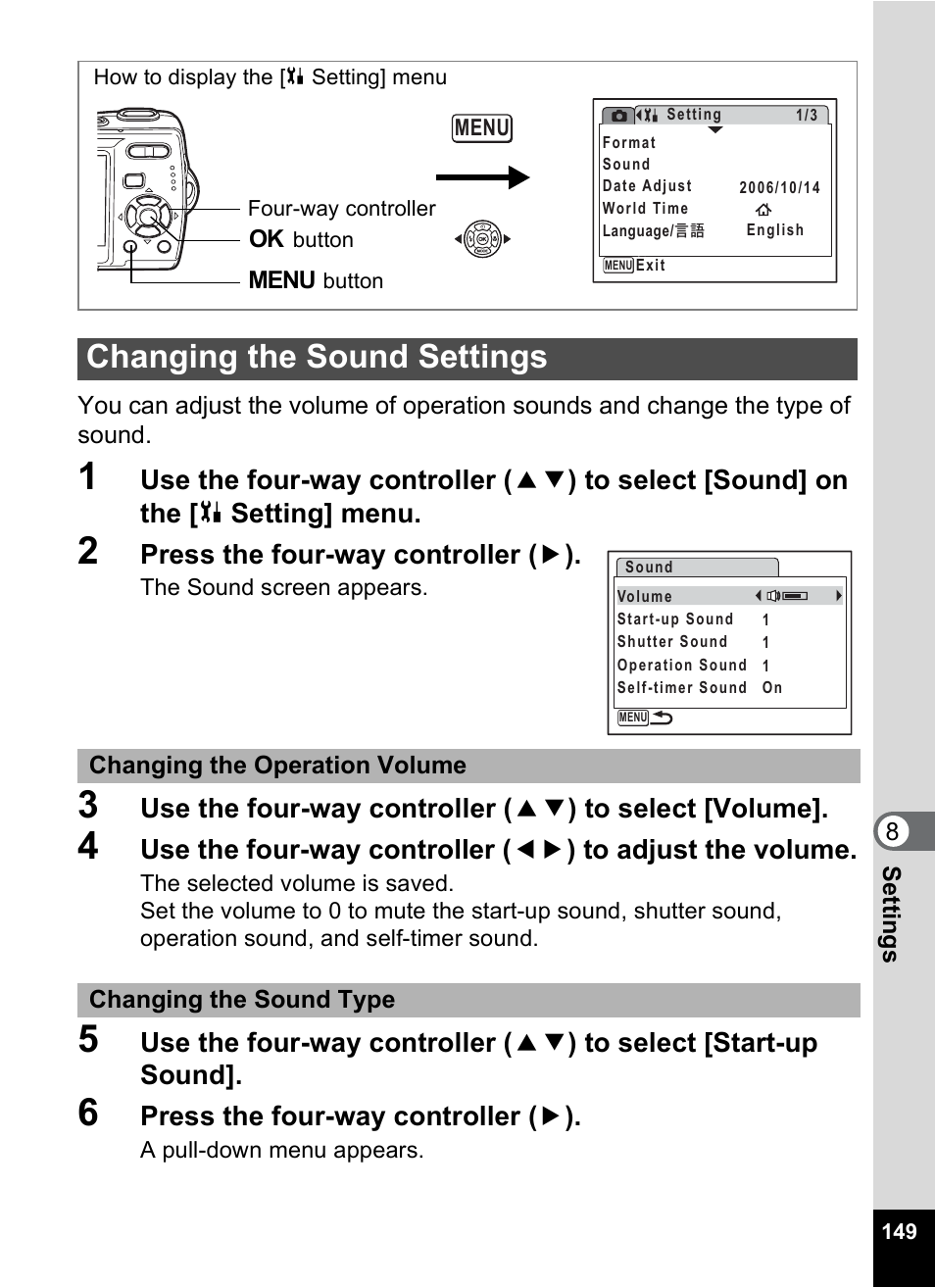 Changing the sound settings, P.149, Press the four-way controller ( 5 ) | Pentax Optio M20 User Manual | Page 151 / 192