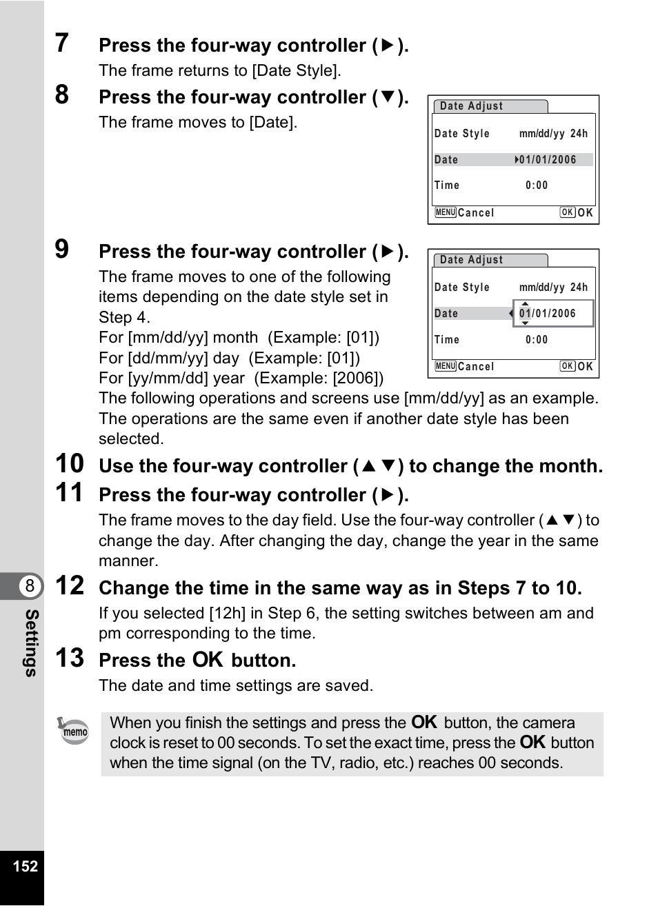 Press the four-way controller ( 5 ), Press the four-way controller ( 3 ), Press the 4 button | Pentax Optio M20 User Manual | Page 154 / 192