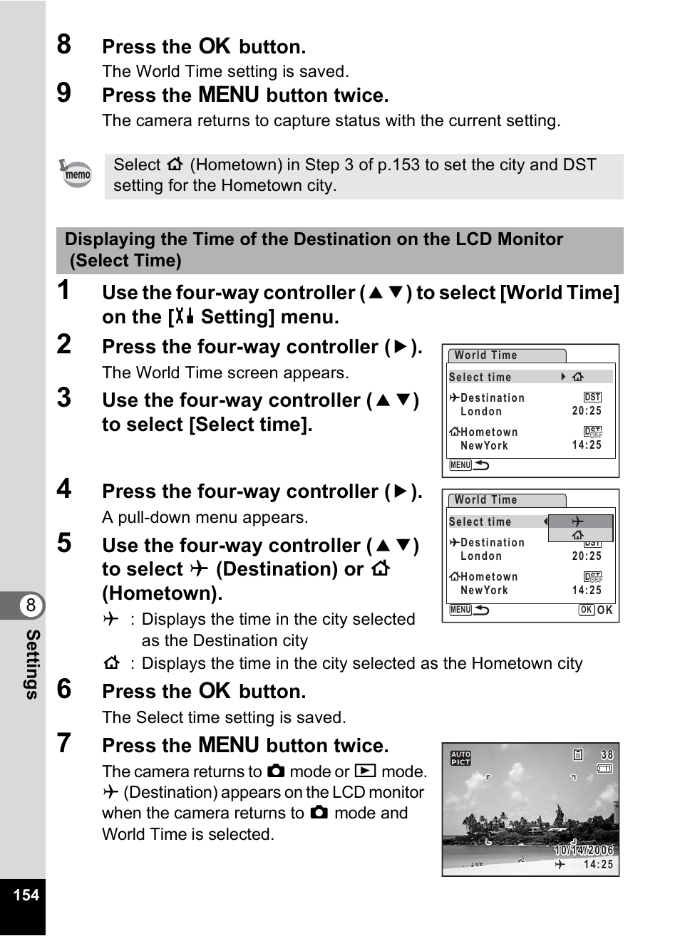 P.154), Press the 4 button, Press the 3 button twice | Press the four-way controller ( 5 ), 8settin g s | Pentax Optio M20 User Manual | Page 156 / 192