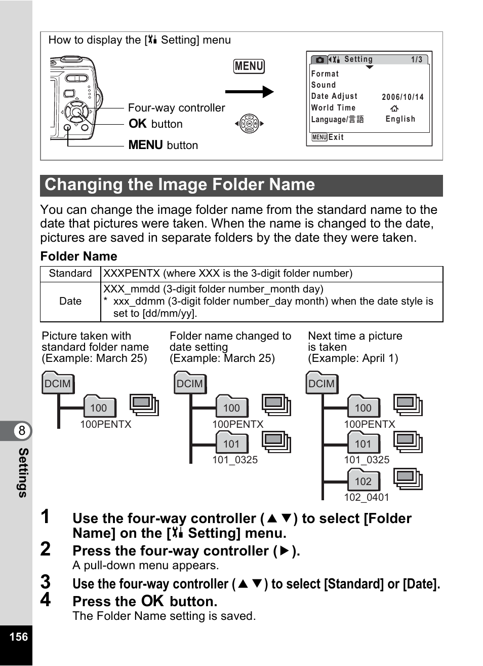Changing the image folder name, P.156), P.156 | Press the four-way controller ( 5 ), Press the 4 button | Pentax Optio M20 User Manual | Page 158 / 192