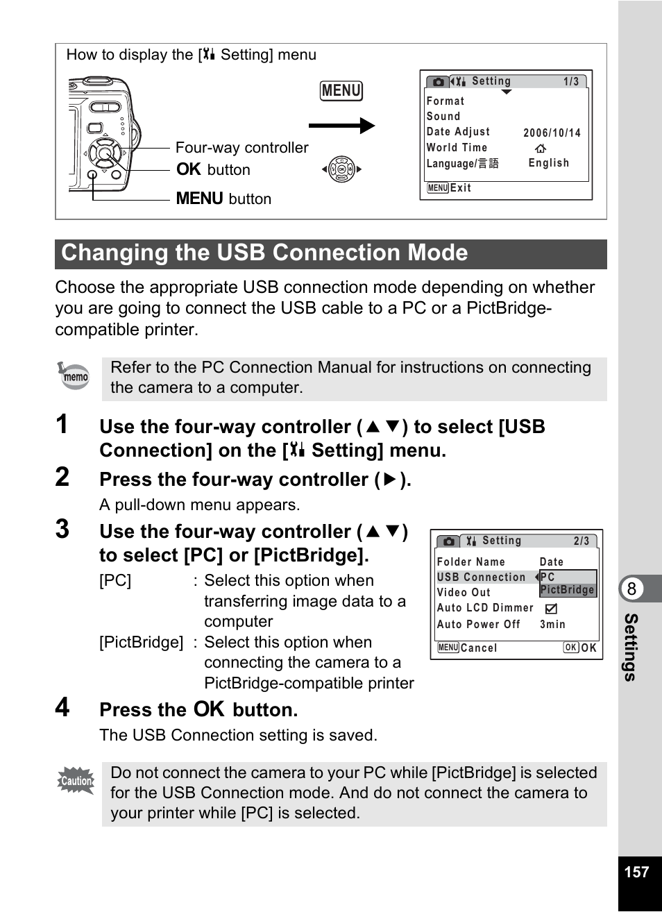 Changing the usb connection mode, P.157, Press the four-way controller ( 5 ) | Press the 4 button | Pentax Optio M20 User Manual | Page 159 / 192