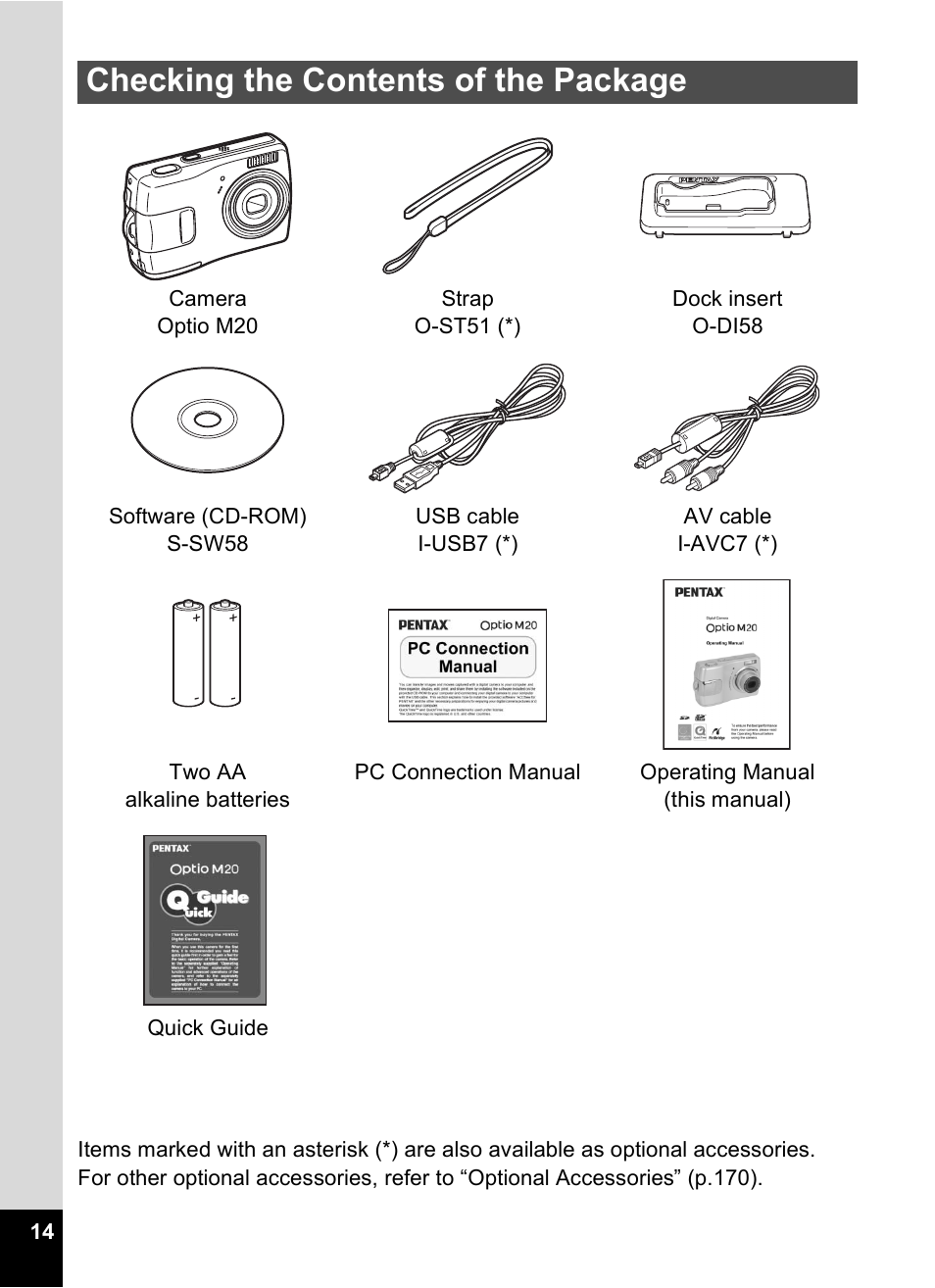 Checking the contents of the package | Pentax Optio M20 User Manual | Page 16 / 192