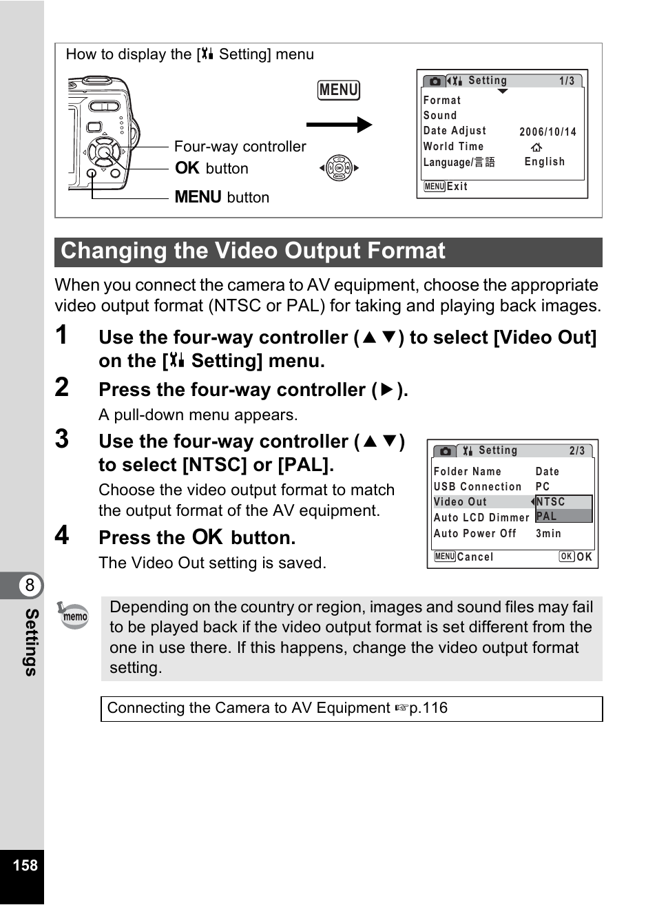 Changing the video output format, P.158), P.158 | Press the four-way controller ( 5 ), Press the 4 button | Pentax Optio M20 User Manual | Page 160 / 192
