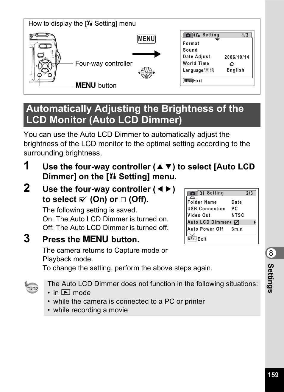 P.159, Press the 3 button | Pentax Optio M20 User Manual | Page 161 / 192