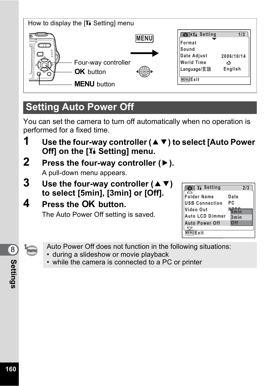 Setting auto power off, P.160, Press the four-way controller ( 5 ) | Press the 4 button | Pentax Optio M20 User Manual | Page 162 / 192