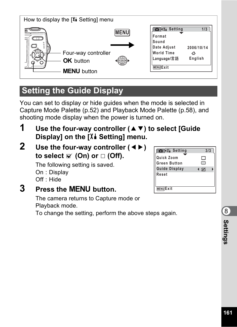 Setting the guide display, P.161, Press the 3 button | Pentax Optio M20 User Manual | Page 163 / 192