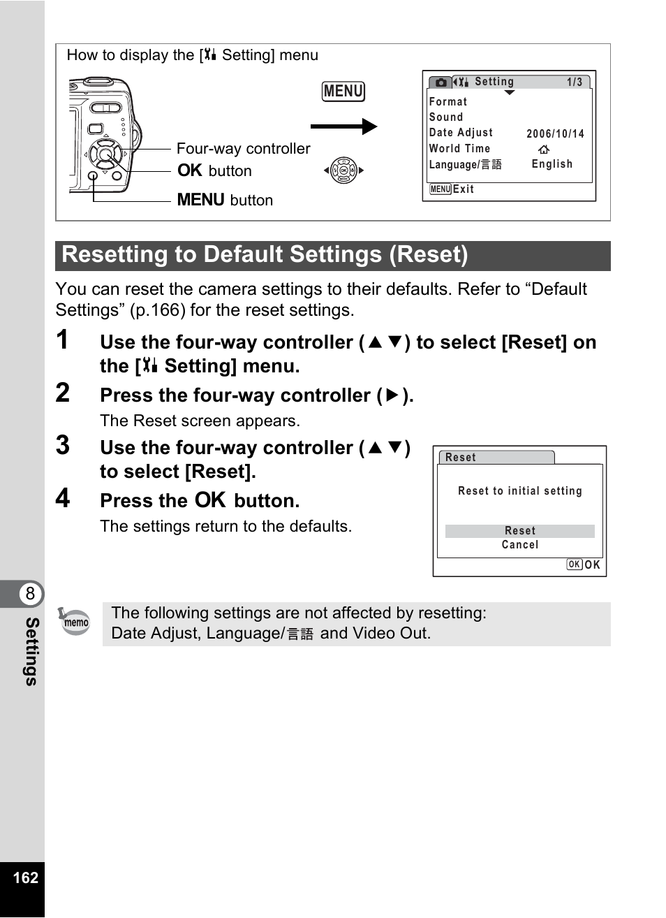 Resetting to default settings (reset), P.162, Press the four-way controller ( 5 ) | Press the 4 button | Pentax Optio M20 User Manual | Page 164 / 192