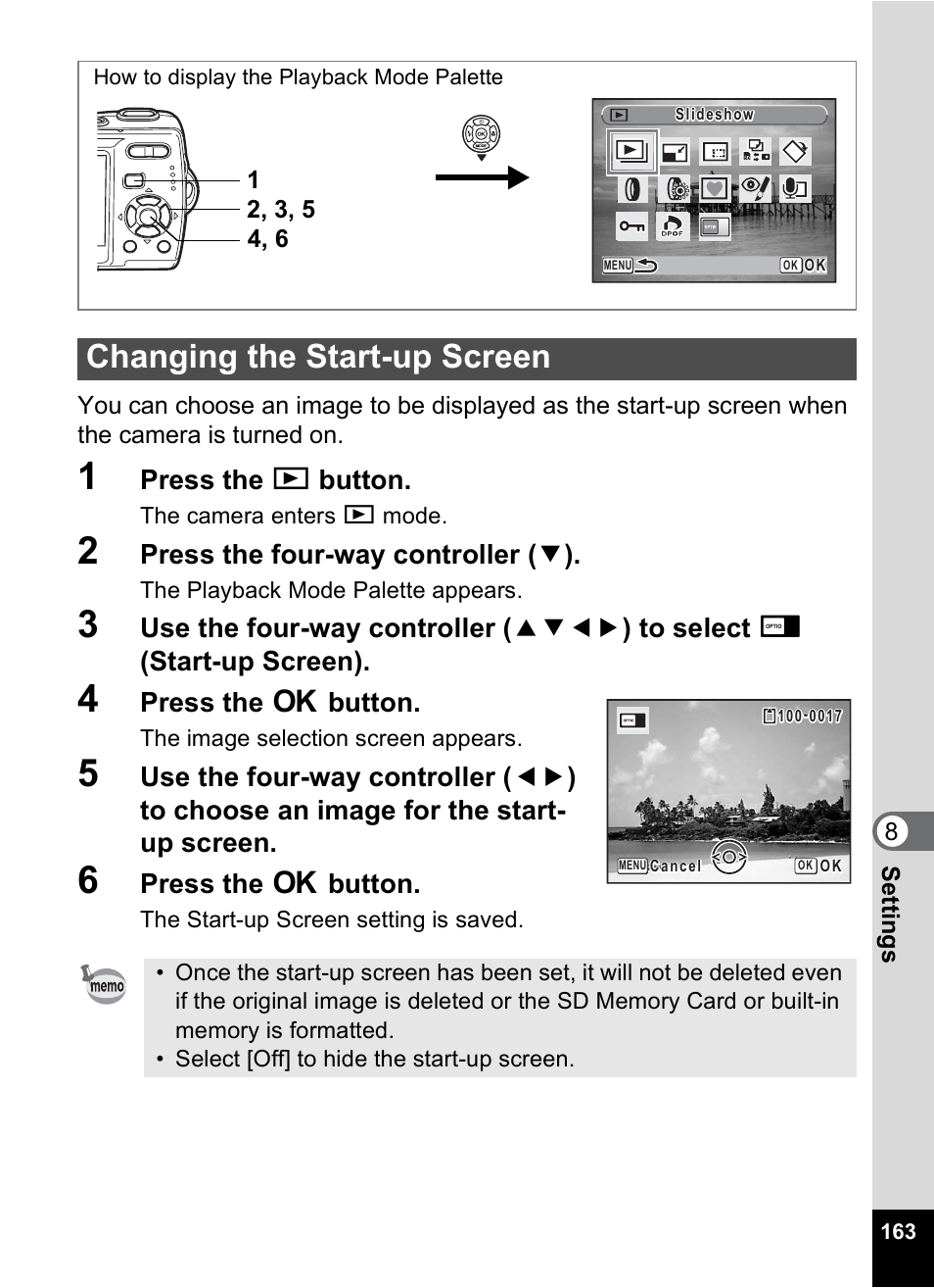 Changing the start-up screen, P.163, Press the q button | Press the four-way controller ( 3 ), Press the 4 button | Pentax Optio M20 User Manual | Page 165 / 192