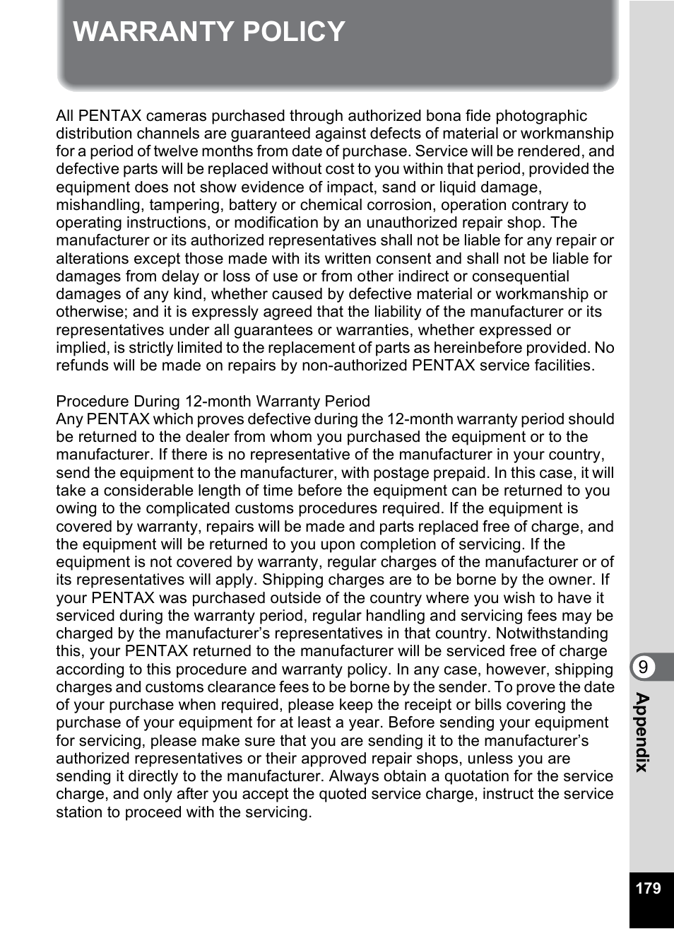 Warranty policy | Pentax Optio M20 User Manual | Page 181 / 192