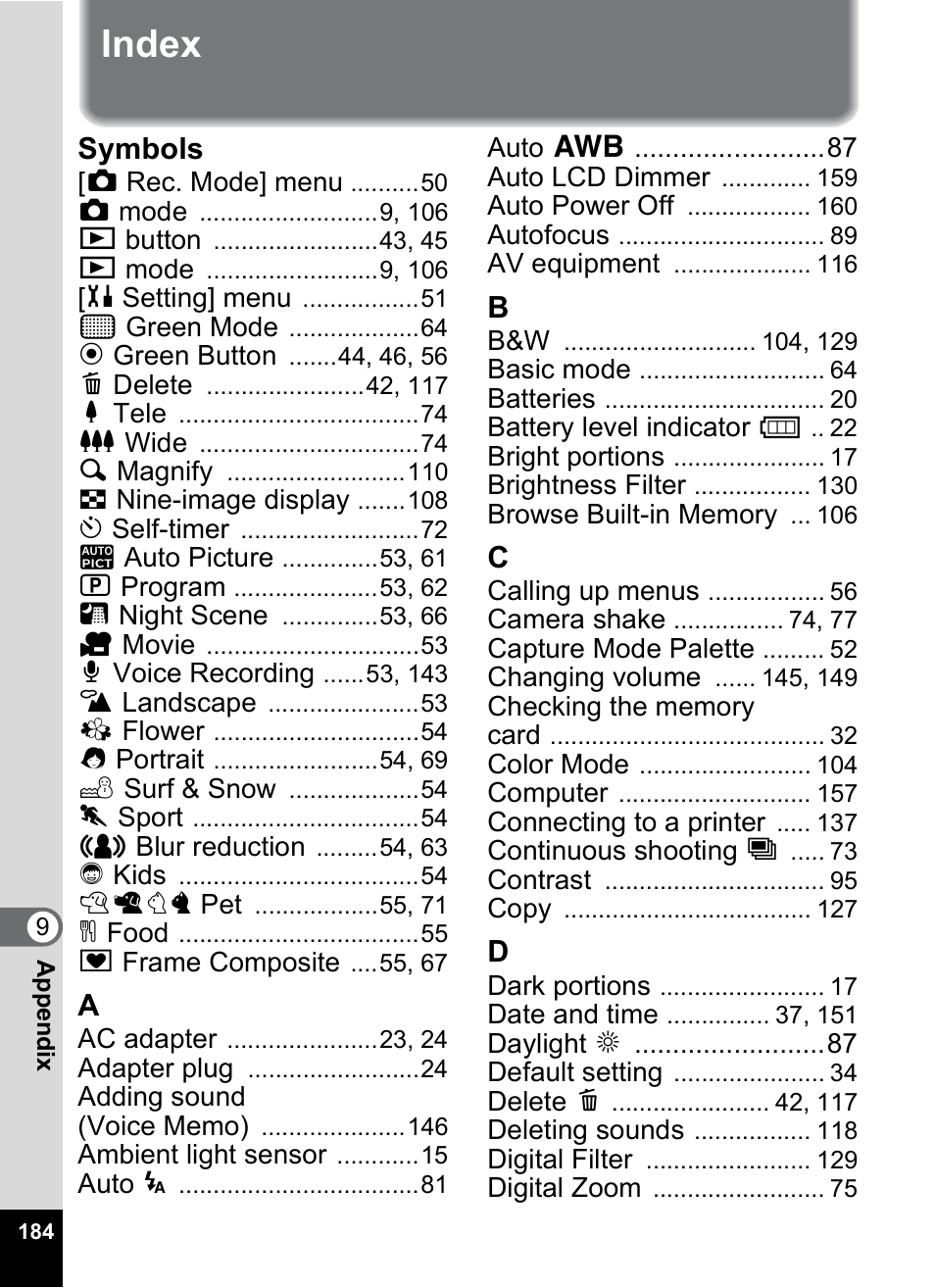 Index, Symbols | Pentax Optio M20 User Manual | Page 186 / 192