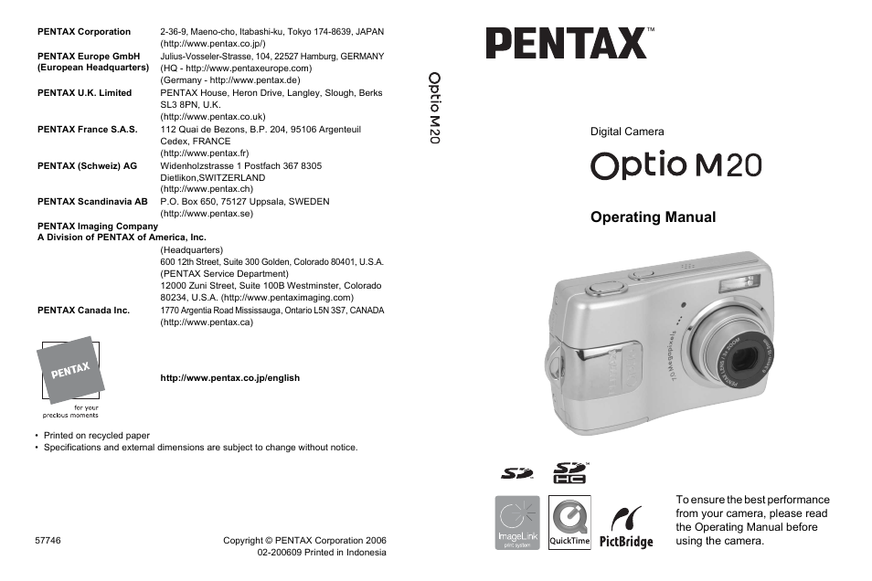 Operating manual, Digital camera | Pentax Optio M20 User Manual | Page 192 / 192