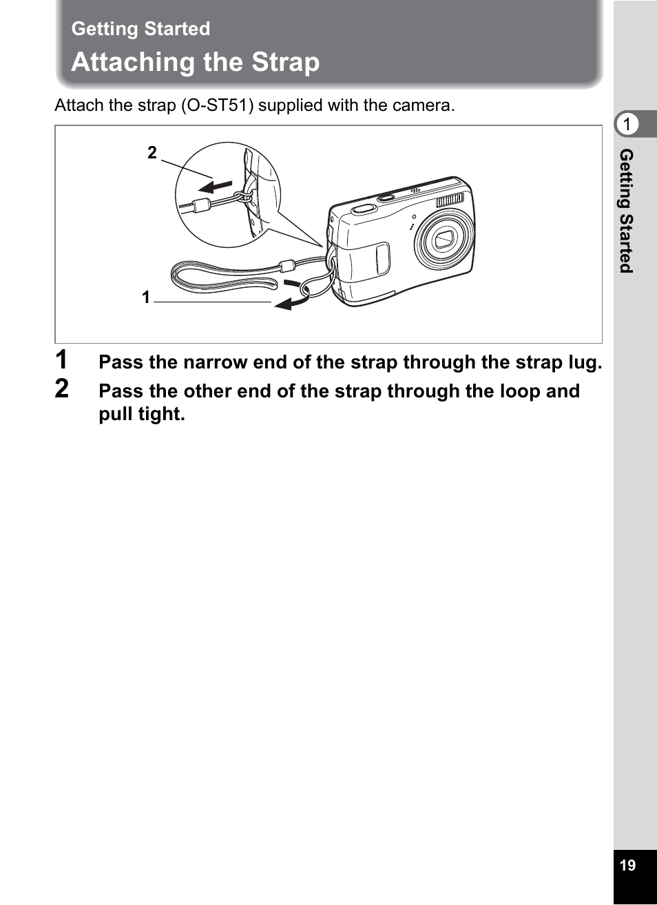 Getting started, Attaching the strap | Pentax Optio M20 User Manual | Page 21 / 192