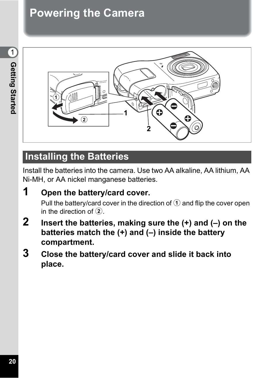 Powering the camera, Installing the batteries | Pentax Optio M20 User Manual | Page 22 / 192