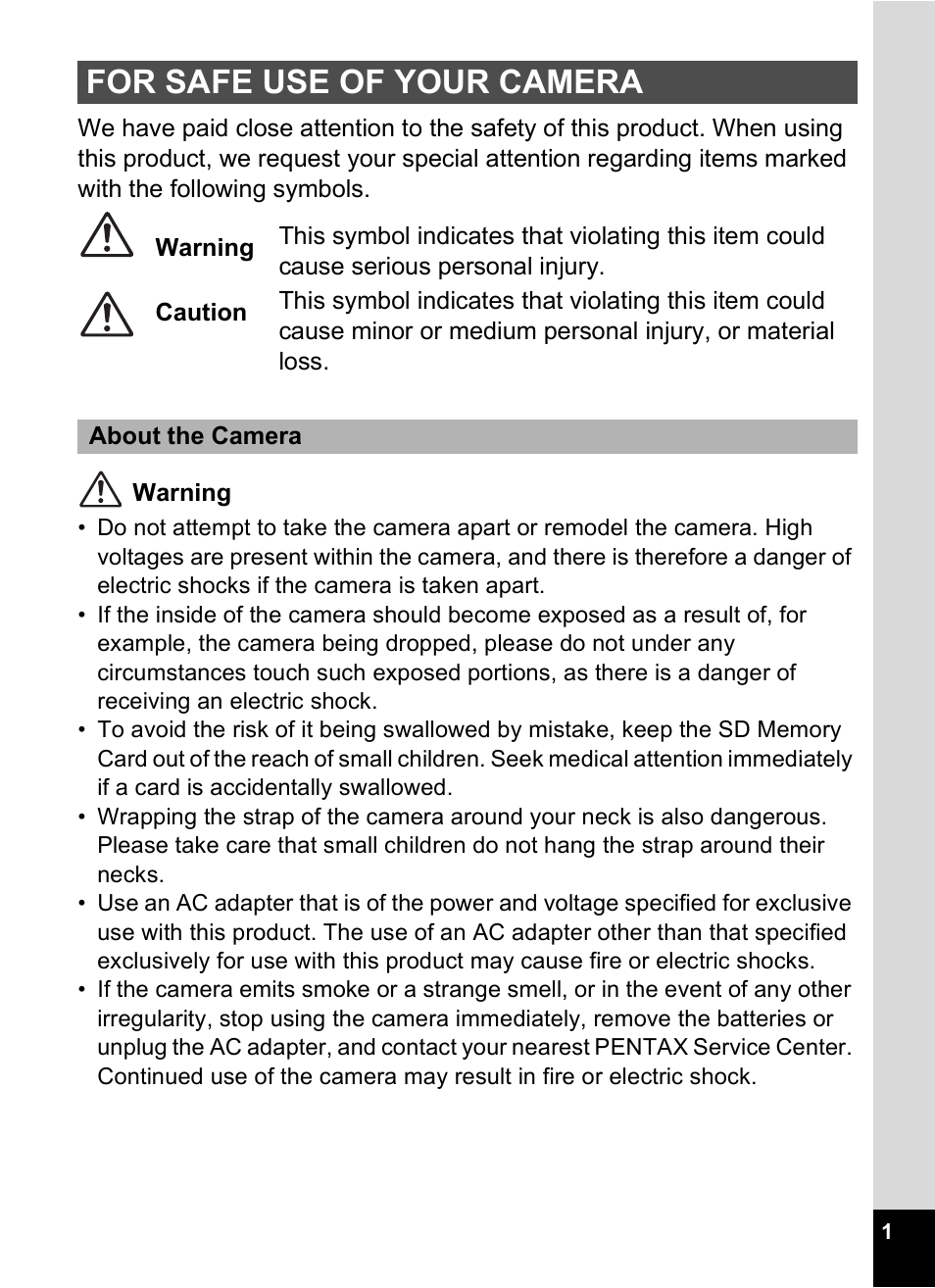 For safe use of your camera | Pentax Optio M20 User Manual | Page 3 / 192