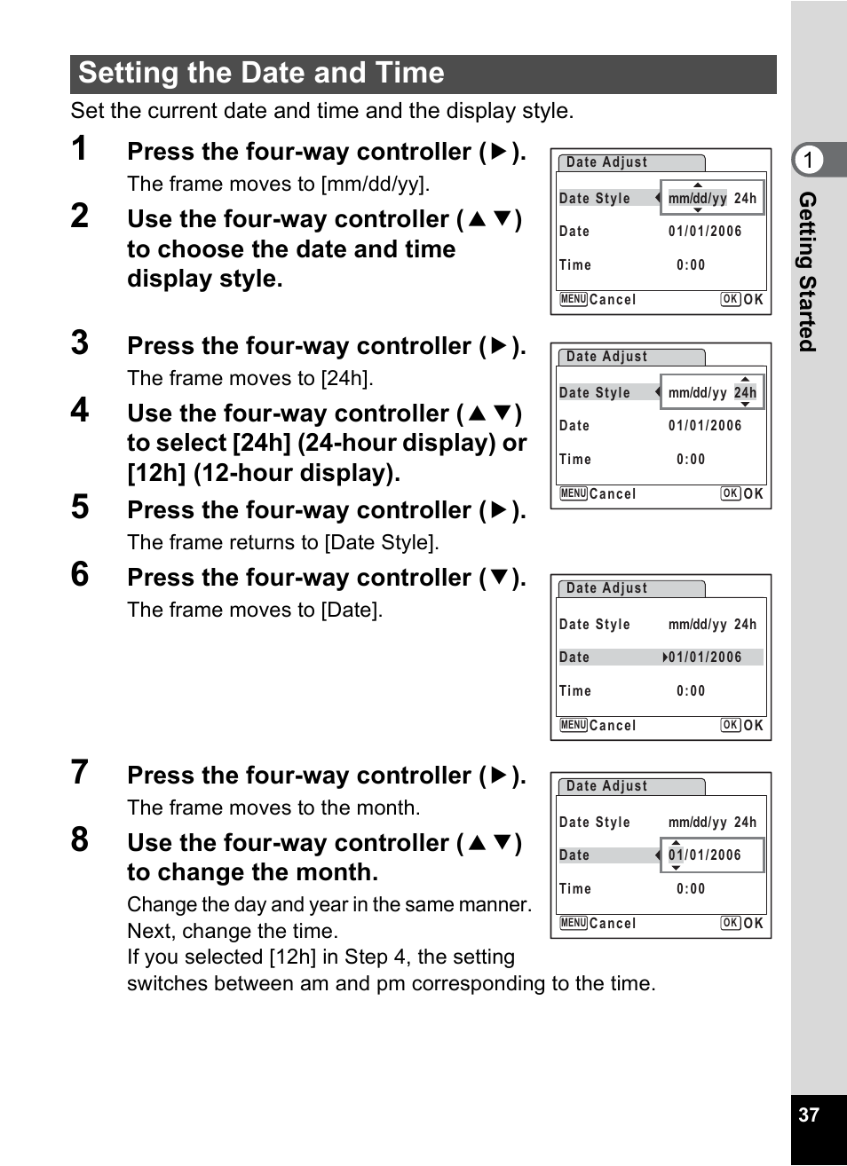 Setting the date and time, P.37), Setting the date and time” (p.37) to | Setting the date and time” (p.37), P.37, Press the four-way controller ( 5 ), Press the four-way controller ( 3 ) | Pentax Optio M20 User Manual | Page 39 / 192