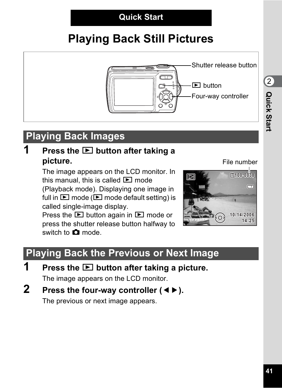 Playing back still pictures, Playing back images, Playing back the previous or next image | Playing back still pictures 1 | Pentax Optio M20 User Manual | Page 43 / 192