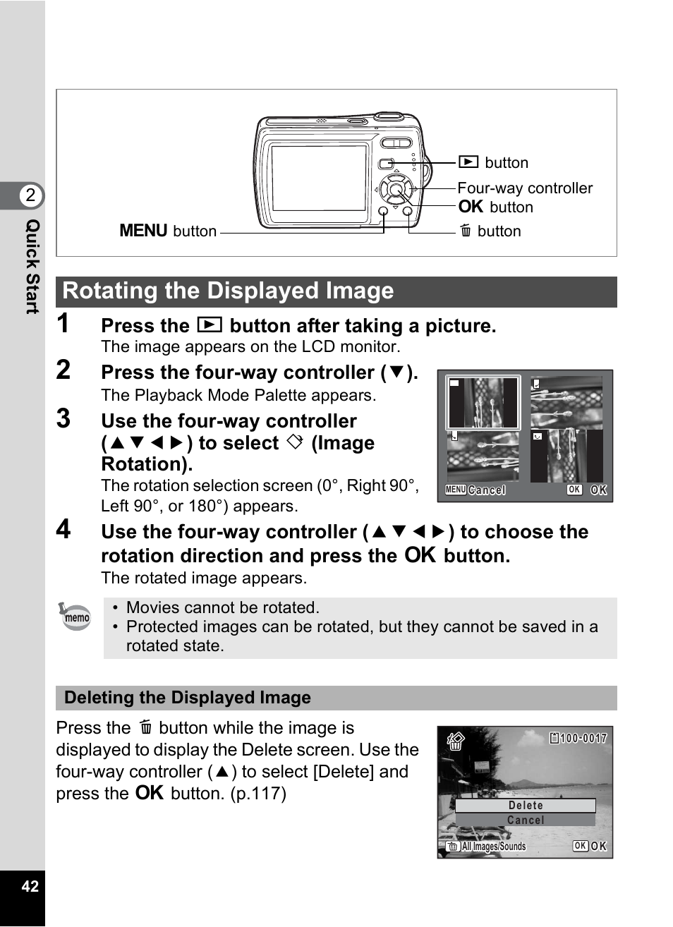 Rotating the displayed image, Press the q button after taking a picture, Press the four-way controller ( 3 ) | Pentax Optio M20 User Manual | Page 44 / 192