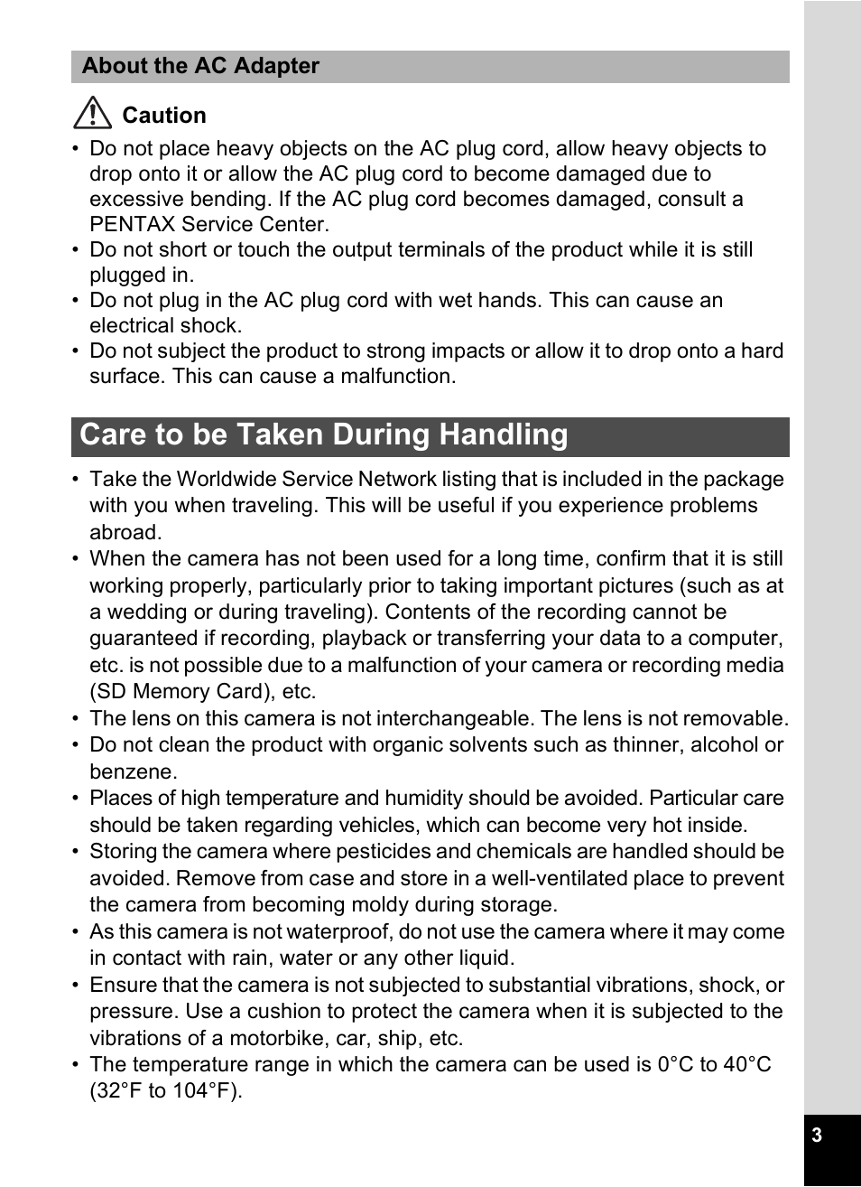 Care to be taken during handling | Pentax Optio M20 User Manual | Page 5 / 192