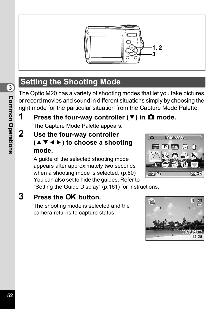 Setting the shooting mode, P.52), Press the four-way controller ( 3 ) in a mode | Press the 4 button | Pentax Optio M20 User Manual | Page 54 / 192