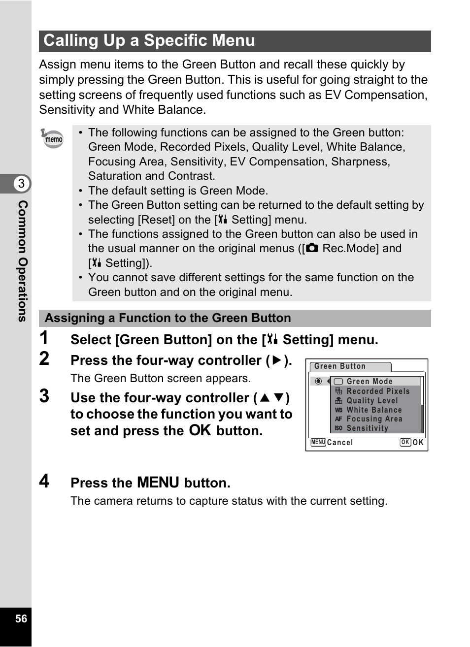 Calling up a specific menu, P.56, P.56) | Pentax Optio M20 User Manual | Page 58 / 192