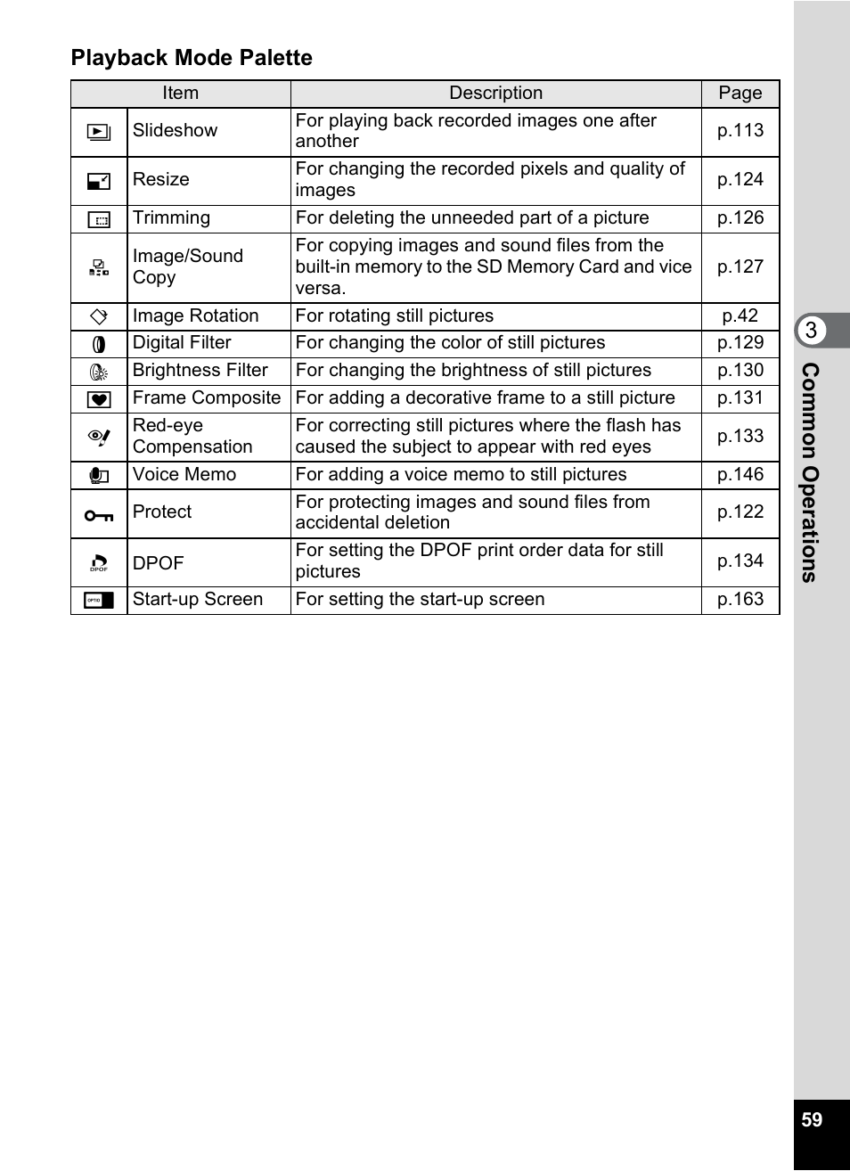 P.59), 3com m on o p erati ons playback mode palette | Pentax Optio M20 User Manual | Page 61 / 192