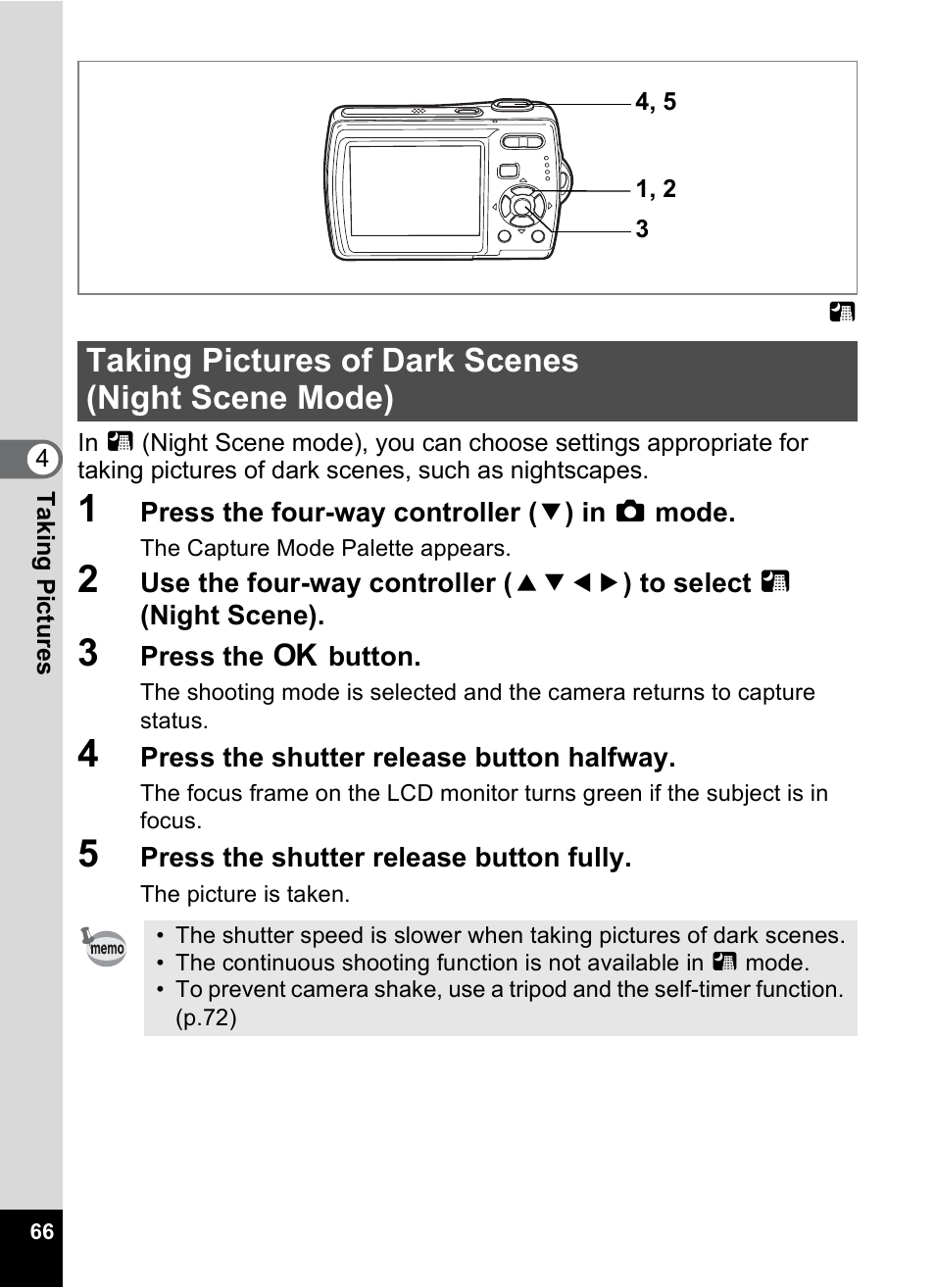 Taking pictures of dark scenes (night scene mode), P.66) | Pentax Optio M20 User Manual | Page 68 / 192