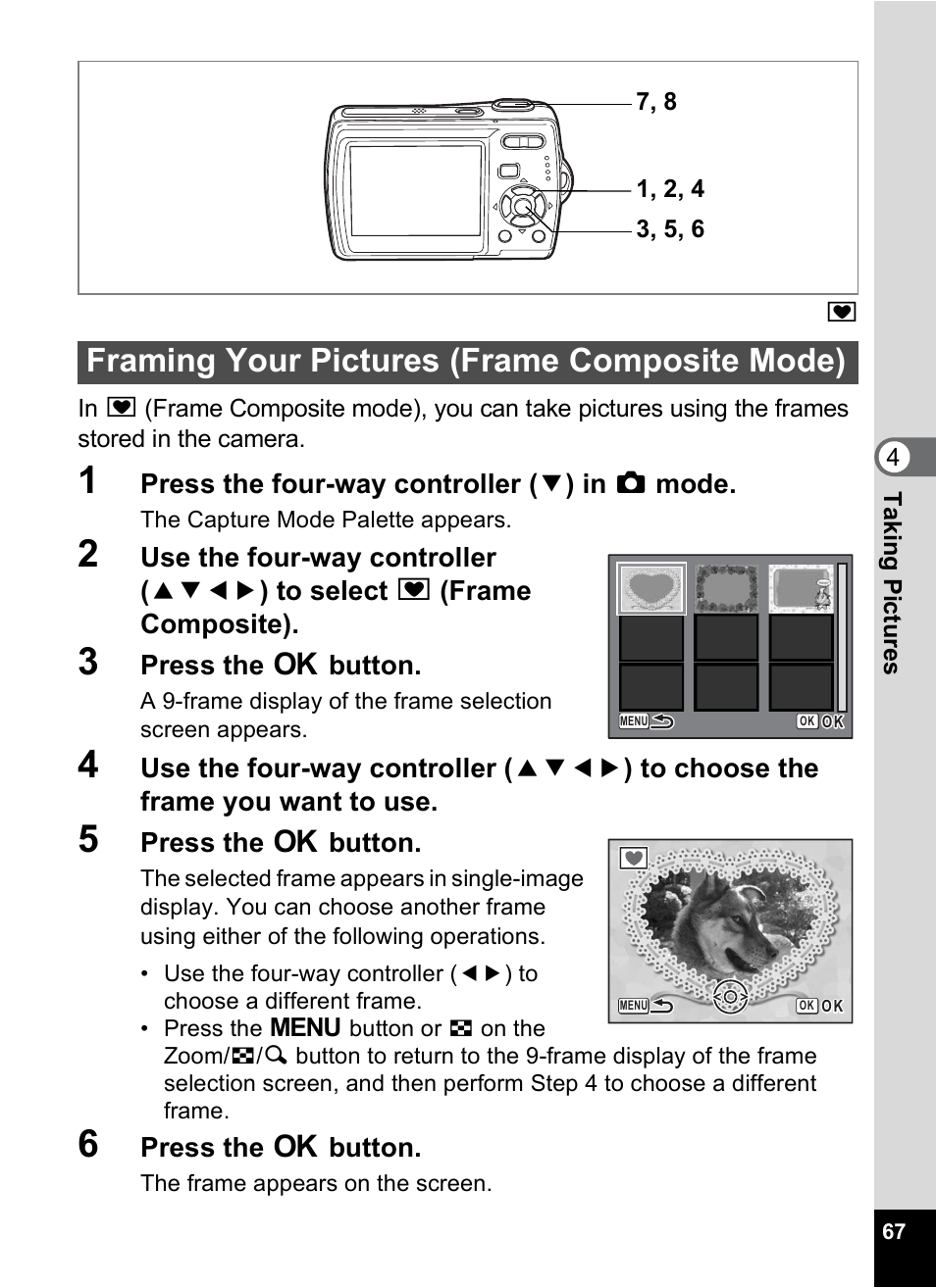 Framing your pictures (frame composite mode) | Pentax Optio M20 User Manual | Page 69 / 192
