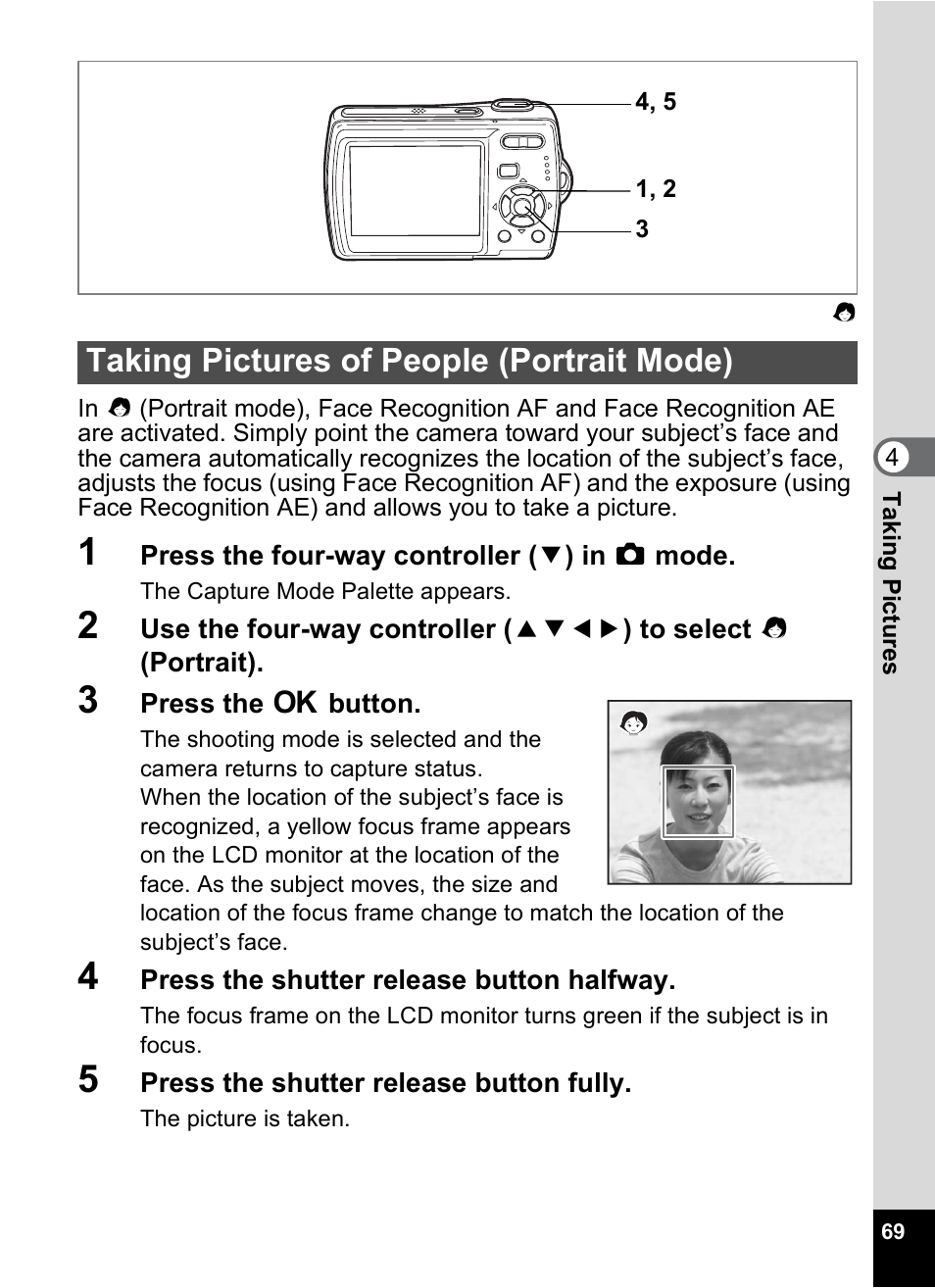 Taking pictures of people (portrait mode) | Pentax Optio M20 User Manual | Page 71 / 192