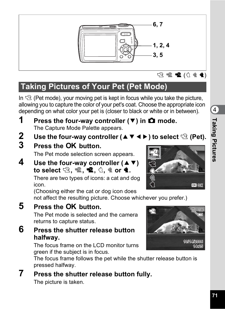 Taking pictures of your pet (pet mode) | Pentax Optio M20 User Manual | Page 73 / 192