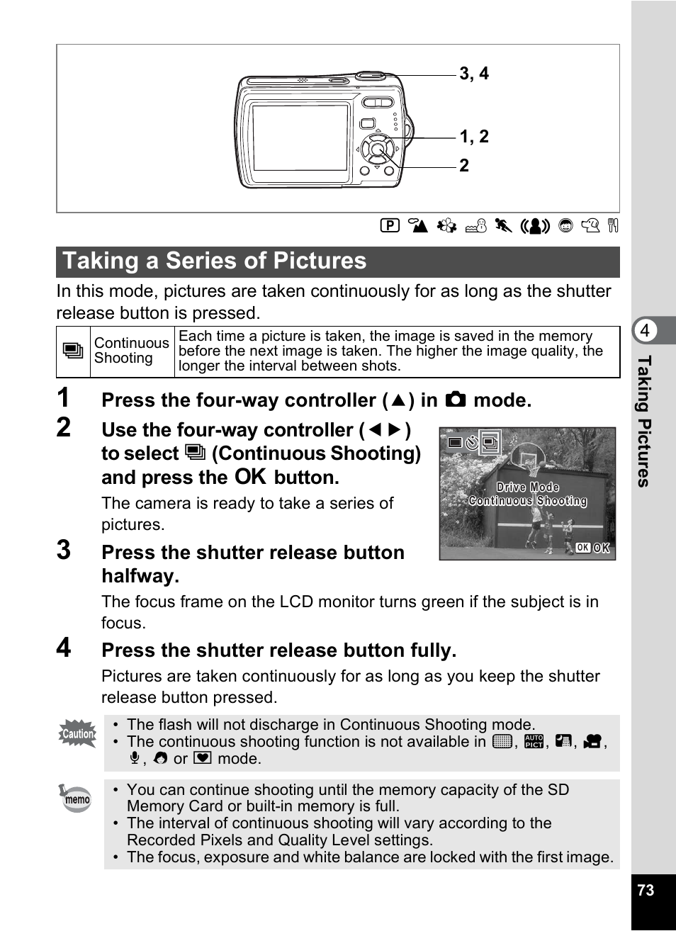 Taking a series of pictures, P.73, P.73) | Press the four-way controller ( 2 ) in a mode, Press the shutter release button halfway, Press the shutter release button fully | Pentax Optio M20 User Manual | Page 75 / 192