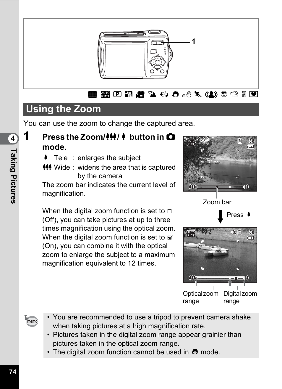 Using the zoom, P.74), Press the zoom/ w / x button in a mode | Pentax Optio M20 User Manual | Page 76 / 192