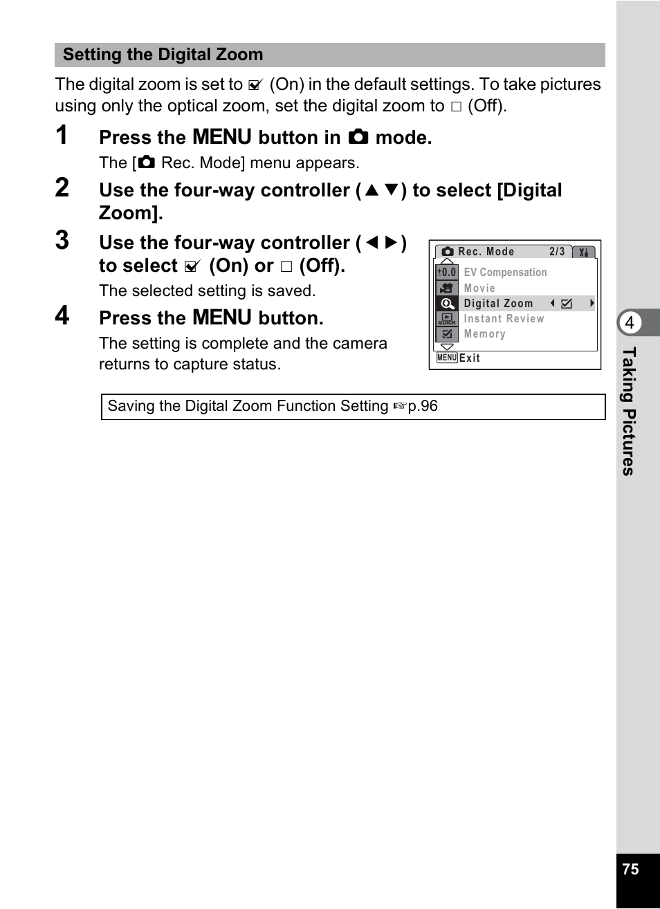 P.75, Press the 3 button in a mode, Press the 3 button | Pentax Optio M20 User Manual | Page 77 / 192