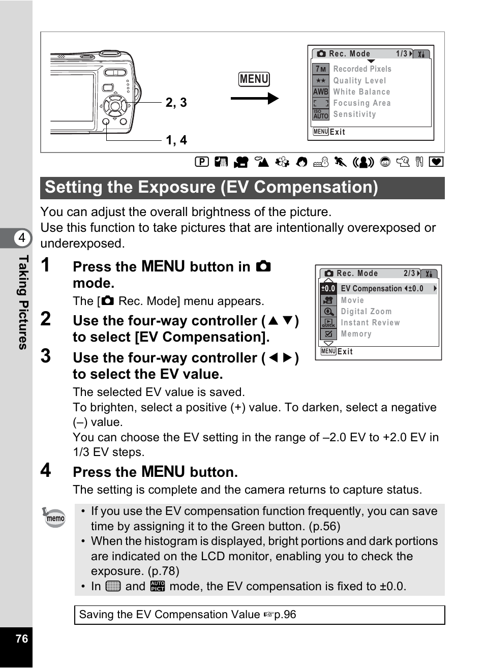 Setting the exposure (ev compensation), P.76), P.76 | Press the 3 button in a mode, Press the 3 button | Pentax Optio M20 User Manual | Page 78 / 192