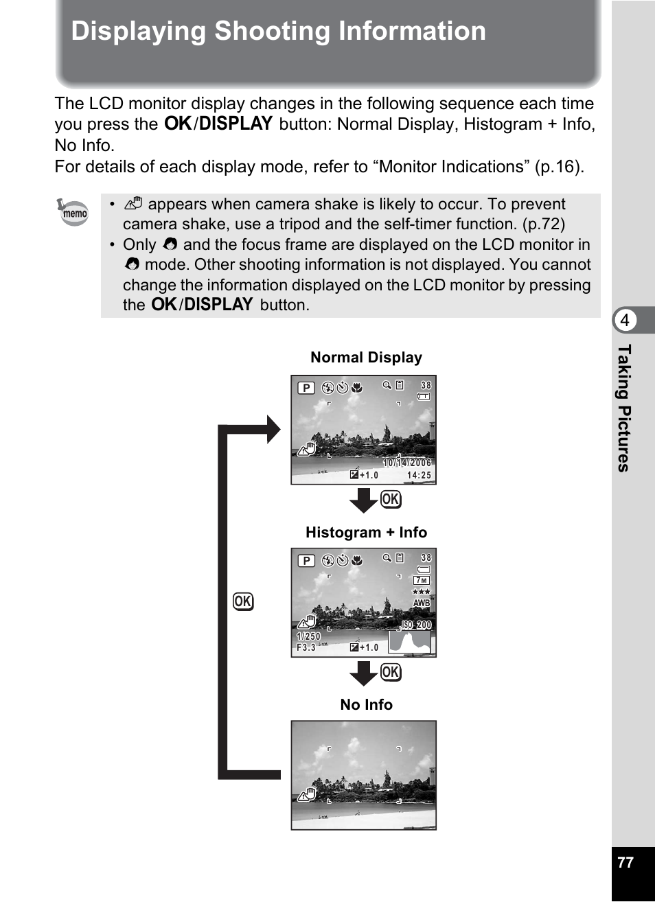 Displaying shooting information, P.77, 4tak ing pi cture s | Histogram + info no info normal display | Pentax Optio M20 User Manual | Page 79 / 192