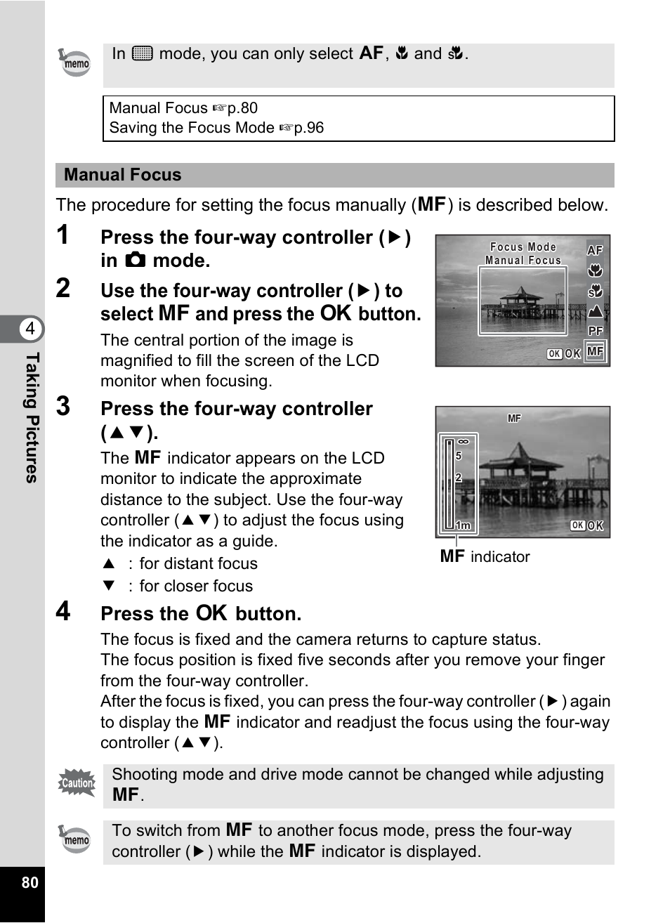 P.80, Press the four-way controller ( 5 ) in a mode, Press the four-way controller ( 23 ) | Press the 4 button | Pentax Optio M20 User Manual | Page 82 / 192