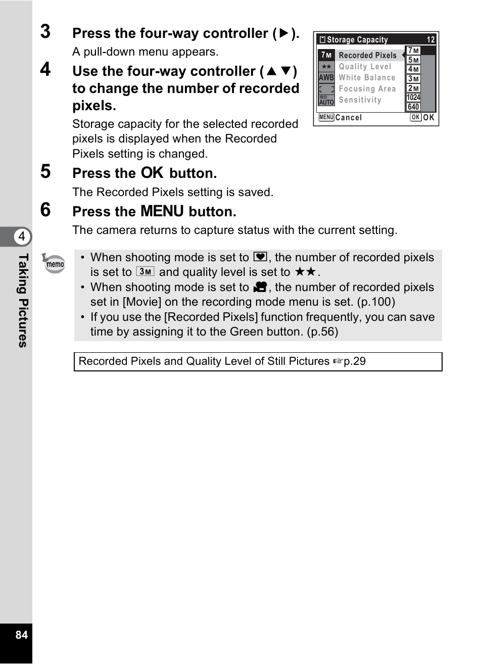 Press the four-way controller ( 5 ), Press the 4 button, Press the 3 button | 4tak ing pi cture s | Pentax Optio M20 User Manual | Page 86 / 192