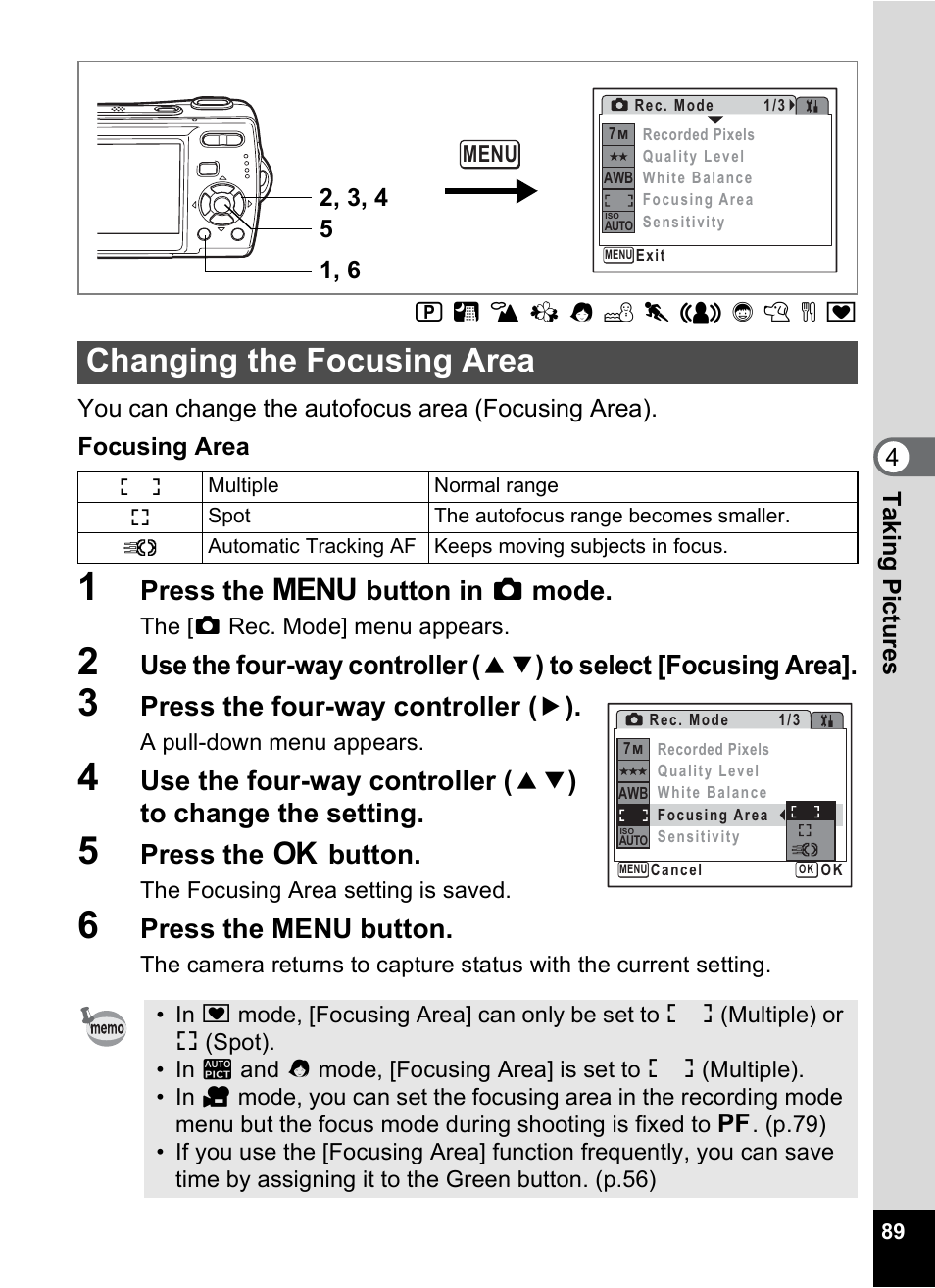Changing the focusing area, P.89, Press the 3 button in a mode | Press the four-way controller ( 5 ), Press the 4 button, Press the menu button | Pentax Optio M20 User Manual | Page 91 / 192